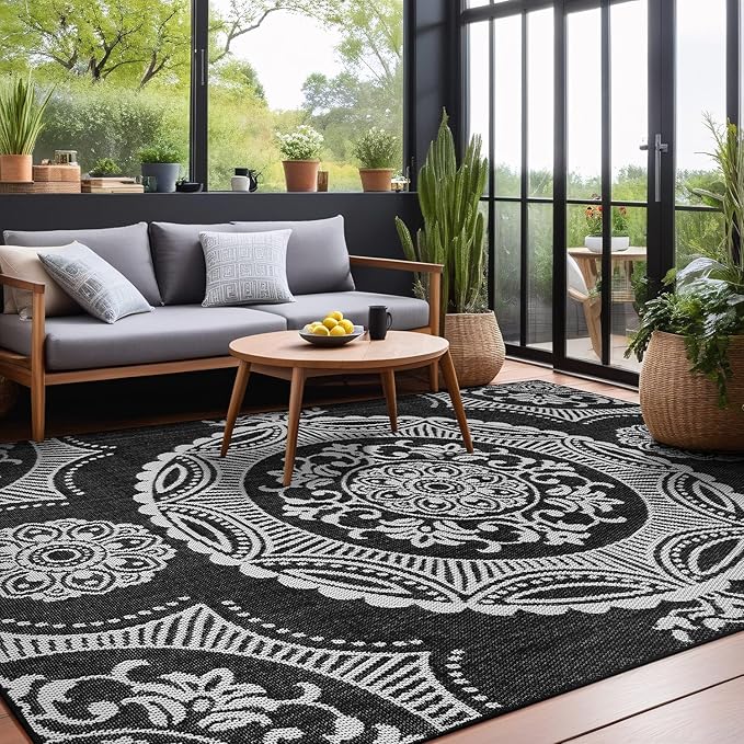 Medallion Outdoor Rug 6x9 Washable Outside Carpet for Indoor Patio Porch Waterproof Easy Cleaning Non Shedding Area Rugs Black 6 x 9