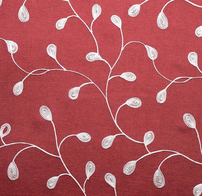 MIUCO Floral Embroidered Semi Sheer Curtains Faux Linen Grommet Curtains for Living Room 52 x 63 Inch 2 Panels, Burgundy