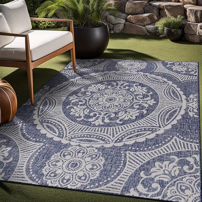 Medallion Outdoor Rug 5x7 Washable Outside Carpet for Indoor Patio Porch Waterproof Easy Cleaning Non Shedding Area Rugs Blue 5 x 7