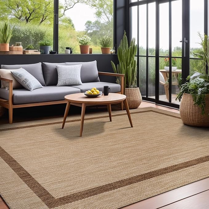 Bordered Outdoor Rug 6x9 Washable Outside Carpet for Indoor Patio Porch Waterproof Easy Cleaning Non Shedding Area Rugs Jute Beige - Nut Brown 6 x 9