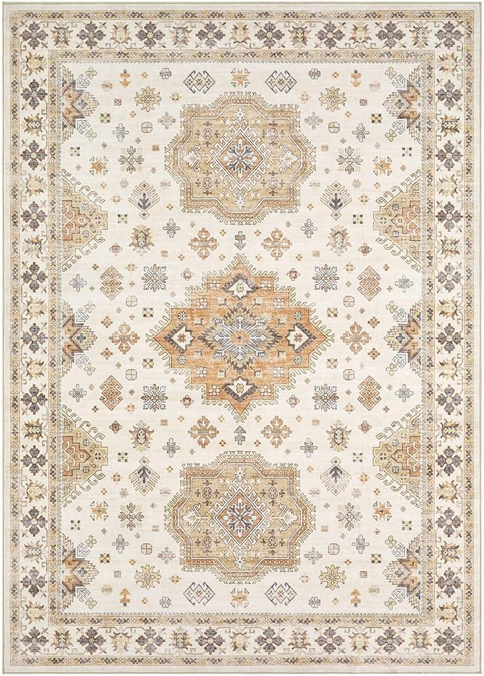 Washable Area Rugs for Living Room - 7x9 Neutral Vintage Distressed Floral Farmhouse Boho Large Soft Floor Rug Indoor Non Slip Carpet for Living Room Bedroom Dining Room Office - Orange/Yellow/Beige