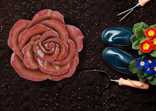 NAT & Jules Rose Flower Shaped Dimensional Indoor Outdoor 12 inch Cast Resin Decorative Garden Stepping Stone, Patio, Walkway Sculpture Yard Art, Colorful Blush