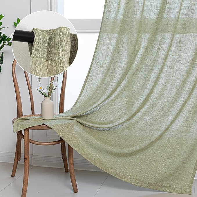 MYSKY HOME Sage Green Living Room Curtains 95 Inches Long Semi Sheer Drapes Light Filtering for Sliding Glass Door Window Treatments Soft Linen Look Country Farmhouse Style, 50" x 95", 2 Pieces