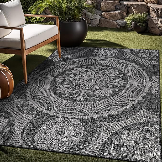 Medallion Outdoor Rug 9x12 Washable Outside Carpet for Indoor Patio Porch Waterproof Easy Cleaning Non Shedding Area Rugs Dark Gray 9 x 12