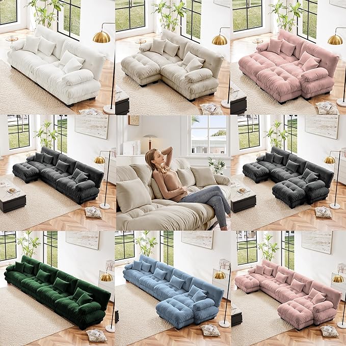 Modular Sectional Sofa, Comfy Cloud Couch 3 Seater Couch, Sectional Couches for Living Room, Modern Chenille Oversized Couches for Bedroom, Sleeper Deep Seat Sofa with Throw Pillows, Green