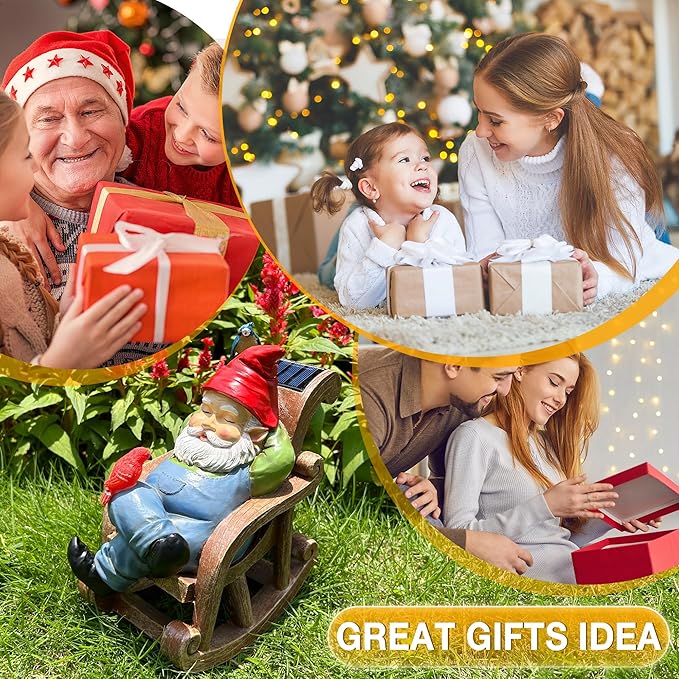 Solar Garden Gnome Statue Outdoor Decor, Patio Gnomes, Outside Yard Sculptures & Statues, Resin Figurines Gift for Women, Mom, Grandma