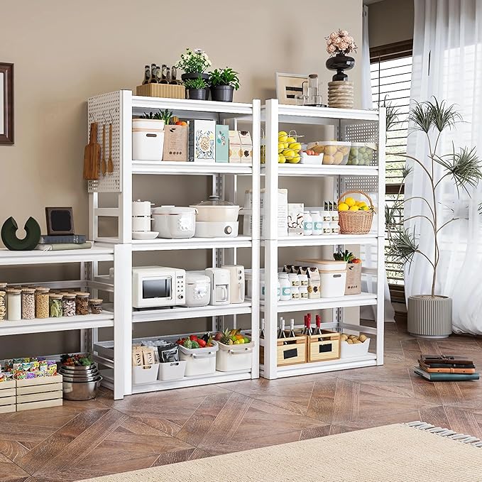 White Garage Shelving, 5 Tier Adjustable Shelving Units, Heavy Duty Metal Shelves, Bookshelf for Garage, Pantry, Basement, Living Room
