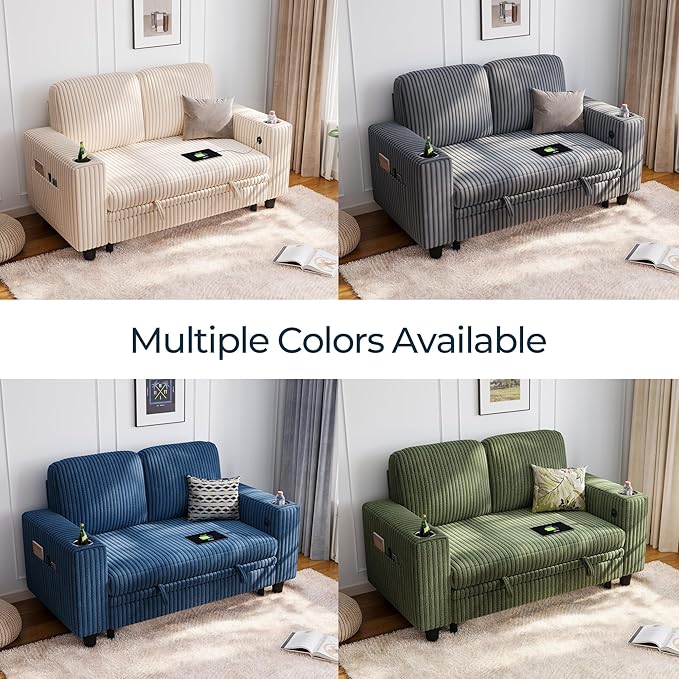 LINSY HOME Loveseat Sofa with Storage - Comfy Plush Corduroy 2 Seater Sofa with USB Charging & Cup Holders, Deep Seat Love Seat for Small Spaces Living Room Bedroom Apartment, Beige
