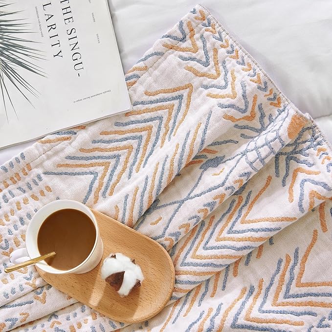 jinchan Boho 100% Cotton Muslin 50x60 Throw Blanket Lightweight 4-Layer Orange Multi Reversible Blanket Washable Breathable Decorative Geometric Striped Pattern Soft Comfy for Couch Bed All Seasons