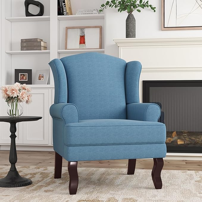Accent Chair, High Back Upholstered Armchair with High Resilience Sponge & Wood Legs, Mid-Century Modern Comfy Single Sofa Reading Chairs for Living Room, Bedroom (Blue, Set of 1)
