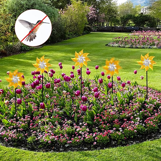 Hausse 10 Pack Reflective Pinwheels with Stakes, Extra Sparkly Pin Wheel for Garden Decor, Bird Repellent Devices Deterrent to Scare Birds Away from Yard Patio Farm, Golden