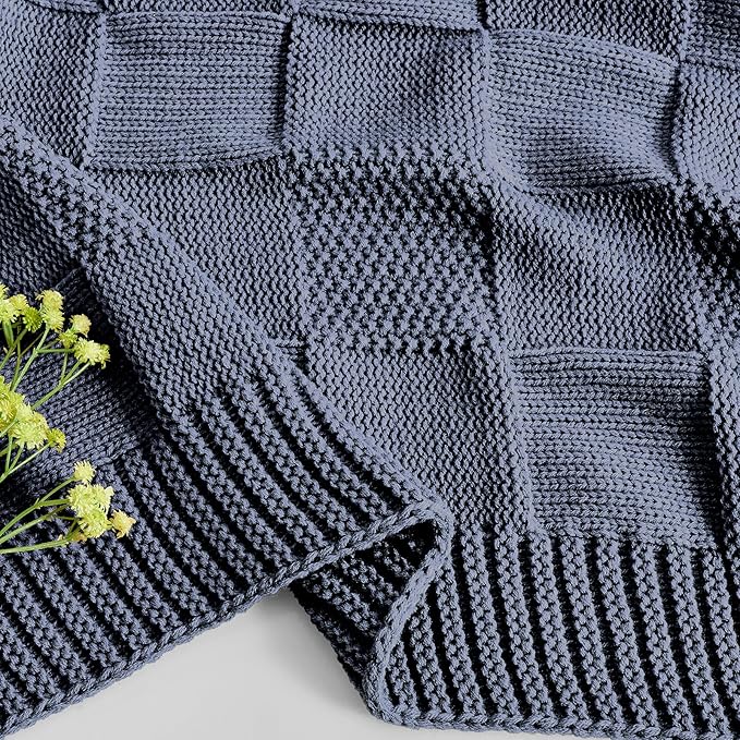 CozeCube Check Knit Throw Blanket, Steel Blue Checkered Throw for Couch, Decorative Christmas Soft Cozy Warm Knitted Blanket for Bed Sofa Living Room, 60"X80"