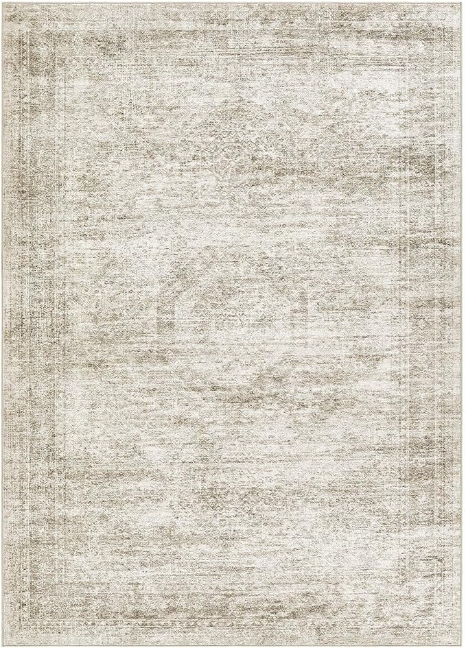 Washable Area Rugs for Living Room -6x9 Neutral Vintage Distressed Floral Farmhouse Boho Large Soft Floor Rug Indoor Non Slip Carpet for Living Room Bedroom Dining Room Office-Beige