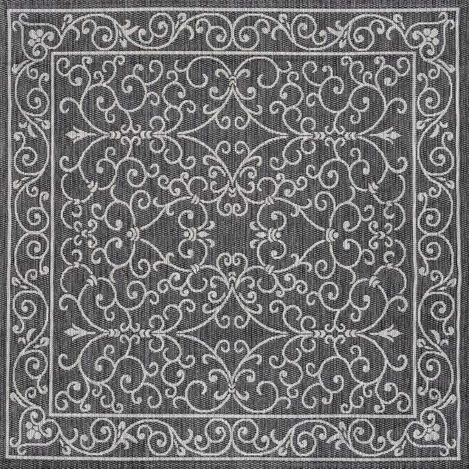 JONATHAN Y Vintage Filigree Indoor Outdoor Square Area Rug 5X5 Black/Gray, Charleston Textured Weave for Backyard, Patio, Porch, Easy-Cleaning, High Traffic, Pet-Friendly, Non-Shedding (SMB106G-5SQ)