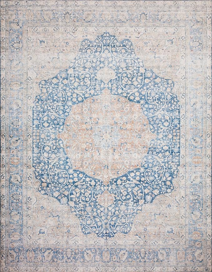 Loloi Layla Collection LAY-07 Blue/Tangerine 7'-6" x 9'-6" .13" Thick Area Rug, Soft, Durable, Vintage Inspired, Distressed, Low Pile, Non-Shedding, Easy Clean, Printed, Living Room Rug