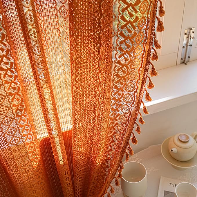 Sutuo Home Boho Curtains for Bedroom Living Room Dining Room, Crochet Lace Sheer Bohemian Country Tassels,Window Treatment Drapes for Halloween Decor, Rod Pocket 1 Panel 59" W x 120" L, Orange