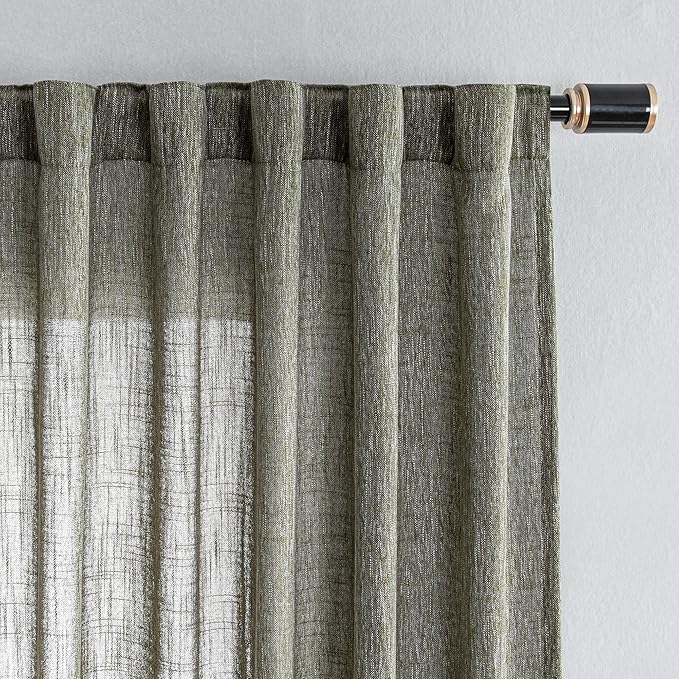 MYSKY HOME 90 Inches Long Living Room Curtains Farmhouse Light Filtering Privacy Curtain Drapes for Patio Door, Linen Look Texture Fabric Bohemian Draperies Soft Touch, 100x90, Olive Green, 1 Panel