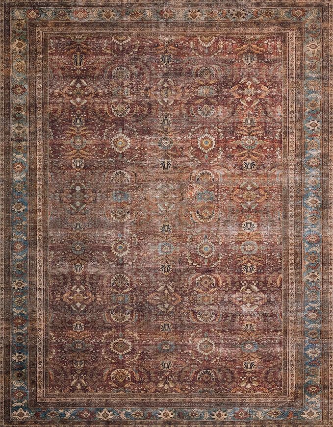 Loloi Layla Collection LAY-01 Brick/Blue 2'-6" x 7'-6" .13" Thick Runner Rug, Soft, Durable, Vintage Inspired, Distressed, Low Pile, Non-Shedding, Easy Clean, Printed, Living Room Rug