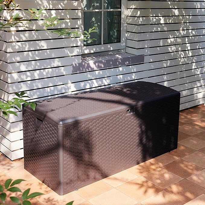 Amazon Basics Outdoor Patio Storage Box 150 Gallon Deck Box, Waterproof and Weather-resistant, Furniture Cushions Garden Tools, Brown