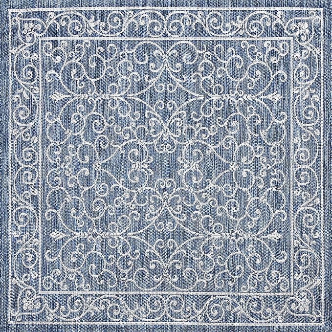 JONATHAN Y Vintage Filigree Indoor Outdoor Square Area Rug 8X8 Navy/Gray, Charleston Textured Weave for Backyard, Patio, Porch, Easy-Cleaning, High Traffic, Pet-Friendly, Non-Shedding (SMB106D-8SQ)