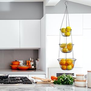 malmo 3-Tier Wire Fruit Hanging Basket, Vegetable Kitchen Storage Basket, Iron Wire Black (Basket2024)