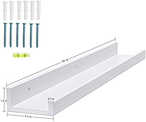 AZSKY 48 Inch White Picture Ledge Shelf Long Floating Shelves Set of 2 Wall Picture Shelf Pine Photo Frames Narrow Picture Ledge Mounting Hardware Included