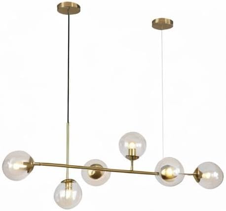 KCO Lighting Globe Linear Chandelier 6 Light Amber Glass Pendant Light Fixture Gold Kitchen Island Lighting Long Brass Sputnik Chandelier Dining Room Light Fixtures Over Table