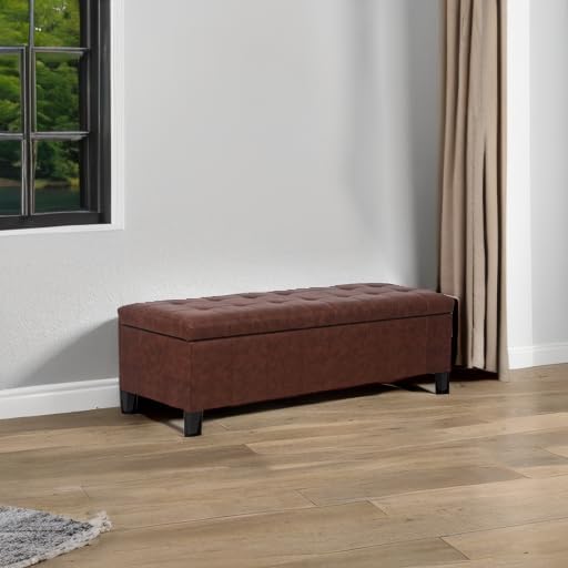 Joveco 51 Inch Storage Ottoman Bench,Tufted Leather Storage Bench for Bedroom (51”,Brown)