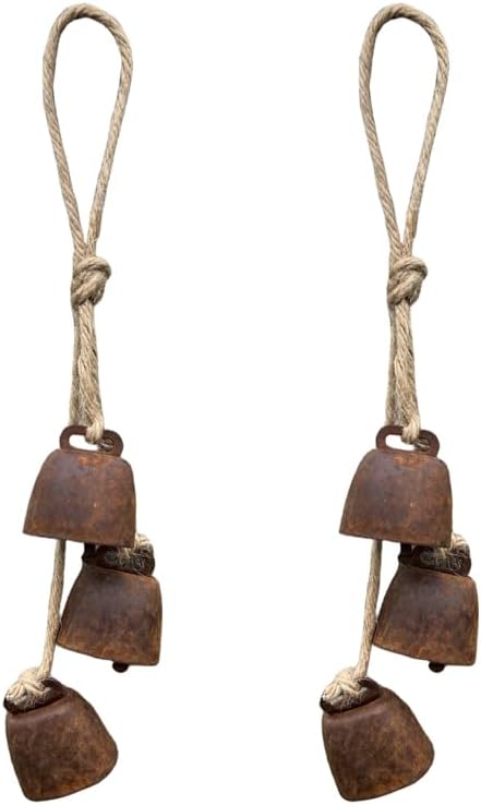 2pc Rustic Charm Bell - Handmade Hemp Rope Wind Chimes Hanging Decoration, Distressed Finish Cow Bell with Jute Hanging Rope, Perfect for Front Door, Outdoor, Window, and Home Decor,
