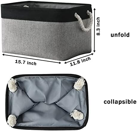 Organization and Storage Bins for Shelves - 16x12x8 inch Large 3 Pack Fabric Storage Cubes Collapsible Baskets for Shelves with Rope, Storage Basket for Organizing Cloth Laundry (Black & Grey)