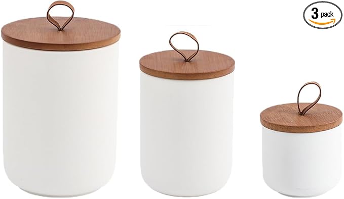 YYW Kitchen Canister Set for Countertop Set of 3, 9/28/45 oz Ceramic Food Storage Containers with Airtight Wood Lids, Food Saver Jars for Coffee, Tea, Candy, Flour(Three-piece suit in white)
