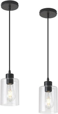 Modern Black Farmhouse Clear Glass Cylinder Pendant Light Fixture,Island Lights for Kitchen,Mini Pendant Lighting for Kitchen Island Decor - 4.75 Inch Shade 58 Inch Cord (Black 2 Pack)