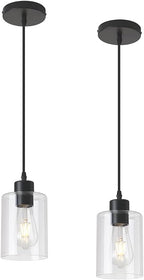 Modern Black Farmhouse Clear Glass Cylinder Pendant Light Fixture,Island Lights for Kitchen,Mini Pendant Lighting for Kitchen Island Decor - 4.75 Inch Shade 58 Inch Cord (Black 2 Pack)