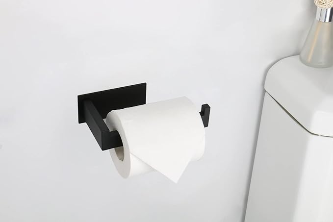 Toilet Paper Holder, Self Adhesive Tissue Holder Stainless Steel Rustproof Paper Roll Holder, No Drilling Easy to Install, Toilet Paper Rack Suitable for Office, Bathroom (Matte Black)