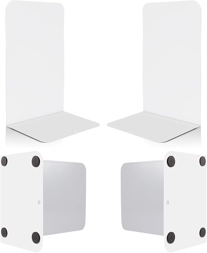 VONDERSO Metal Bookends White, 2 Pairs Metal Bookends Heavy Duty for Shelves Decor Home Office, Unique White Book Ends Supports Anti-Slip for Kids Girls