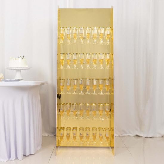 Tableclothsfactory Gold Mirror Finish 5-Tier Wine Glass Stemware Rack, 40 Champagne Flute Holder Foam Board Wall Stand - 5ft for Party & Decorations