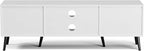 TV Stand for TVs up to 65'', Mid Century Modern Entertainment Center with Rattan Door, Shelves & 2 Cabinets, Boho Media TV Console for Living Room, Bedroom, White