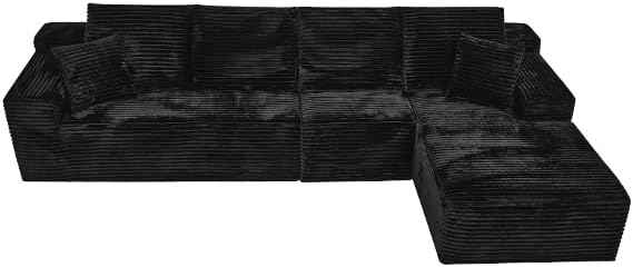 Modular Sectional Sofa Cloud Sectional Couch, 135" Comfy Fluffy L Shaped Black Couches for Living Room, Deep Seat Memory Foam Plush Corduroy Boneless Couch Sectionals with Right Facing Chaise Sofa