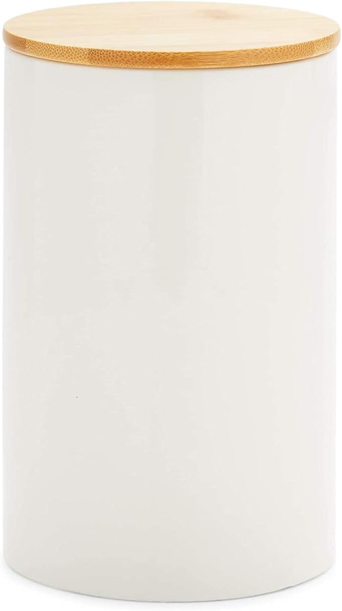 Farmlyn Creek Set of 3 White Ceramic Canisters with Airtight Wooden Bmaboo Lids - Kitchen Counter Containers - Food Storage Jars for Storing Sugar, Coffee, Snacks and Other Dry Goods (3 Sizes)