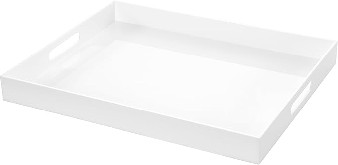 White Rectangular 16x20 Inches Acrylic Ottoman Tray Decorative Serving Tray with Cutout Handles Organizer Tray on Coffee Table Countertop Big Breakfast Bed Tray Living Room Appetizer Serving Food