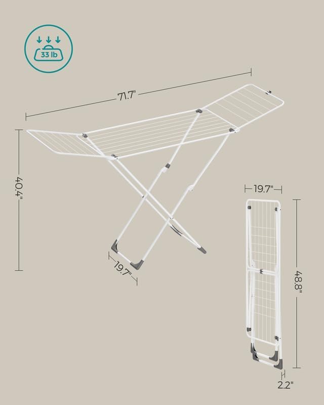 SONGMICS Clothes Drying Rack, Metal Laundry Drying Rack, Foldable, Space-Saving, Free-Standing Airer, with 2 Gullwings, Indoor Outdoor Use, Bed Linen Clothing, White ULLR540W01