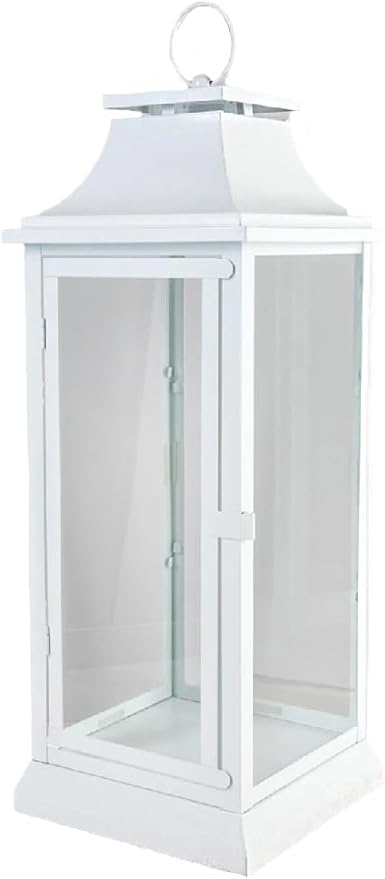 Serene Spaces Living Hurricane Lanterns with Clear Glass Panels, Perfect for Home Decor, Parties & Events, Table Top Or Hanging Lantern for Indoor & Outdoor (Medium - White)