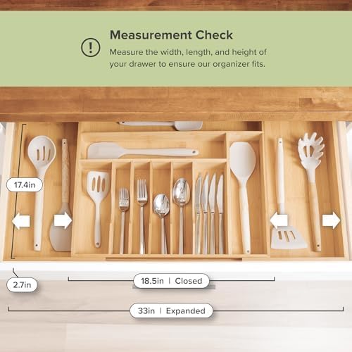 Premium Silverware, Flatware and Utensil Organizer for Kitchen Drawers, Food-Safe Contract Grade, Expandable from 18 to 33 In, Natural Bamboo