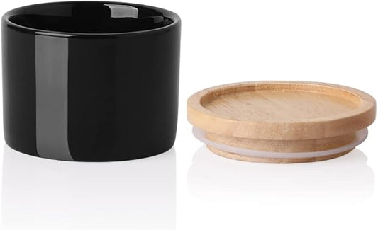 Sweejar Kitchen Canisters Ceramic Food Storage Jar, Stackable Containers with Airtight Seal Wooden Lid for Serving Ground Coffee, Tea, Sugar, Spice and More - 5 Fl Oz(Black)