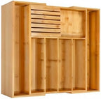 VaeFae Bamboo Silverware Drawer Organizer Kitchen, Expandable Utensil Organizer with Knife Block, Cutlery Tray with Divider, Multifunctional Wooden Drawer Organizer