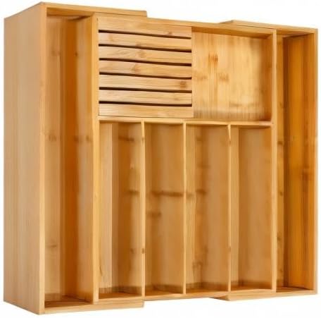 VaeFae Bamboo Silverware Drawer Organizer Kitchen, Expandable Utensil Organizer with Knife Block, Cutlery Tray with Divider, Multifunctional Wooden Drawer Organizer