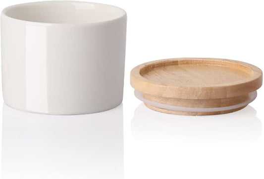 Sweejar Kitchen Canisters Ceramic Food Storage Jar, Stackable Containers with Airtight Seal Wooden Lid for Serving Ground Coffee, Tea, Sugar, Spice and More - 5 Fl Oz(White)