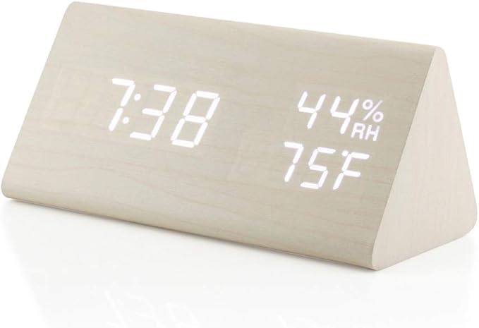OCT17 Wooden Alarm Clock, Wood Alarm Clock Smart LED Digital Clock for Bedroom/desks, Upgraded with Time Temperature, Adjustable Brightness and Voice Control, Humidity Displaying - White