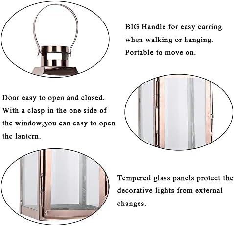 JHY DESIGN Decorative Candle Lanterns 15" High Stainless Steel Candle Lanterns with Tempered Glass for Indoor Outdoor Events Parities and Weddings Vintage Style Hanging Lamps(Rose Gold)