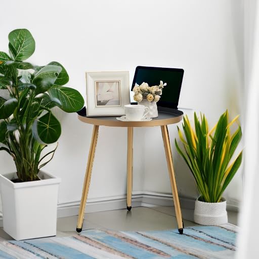 AOJEZOR Side Table: End Table for Any Room - Round Side Tables for Small Spaces - Black Top with 3 Gold Legged